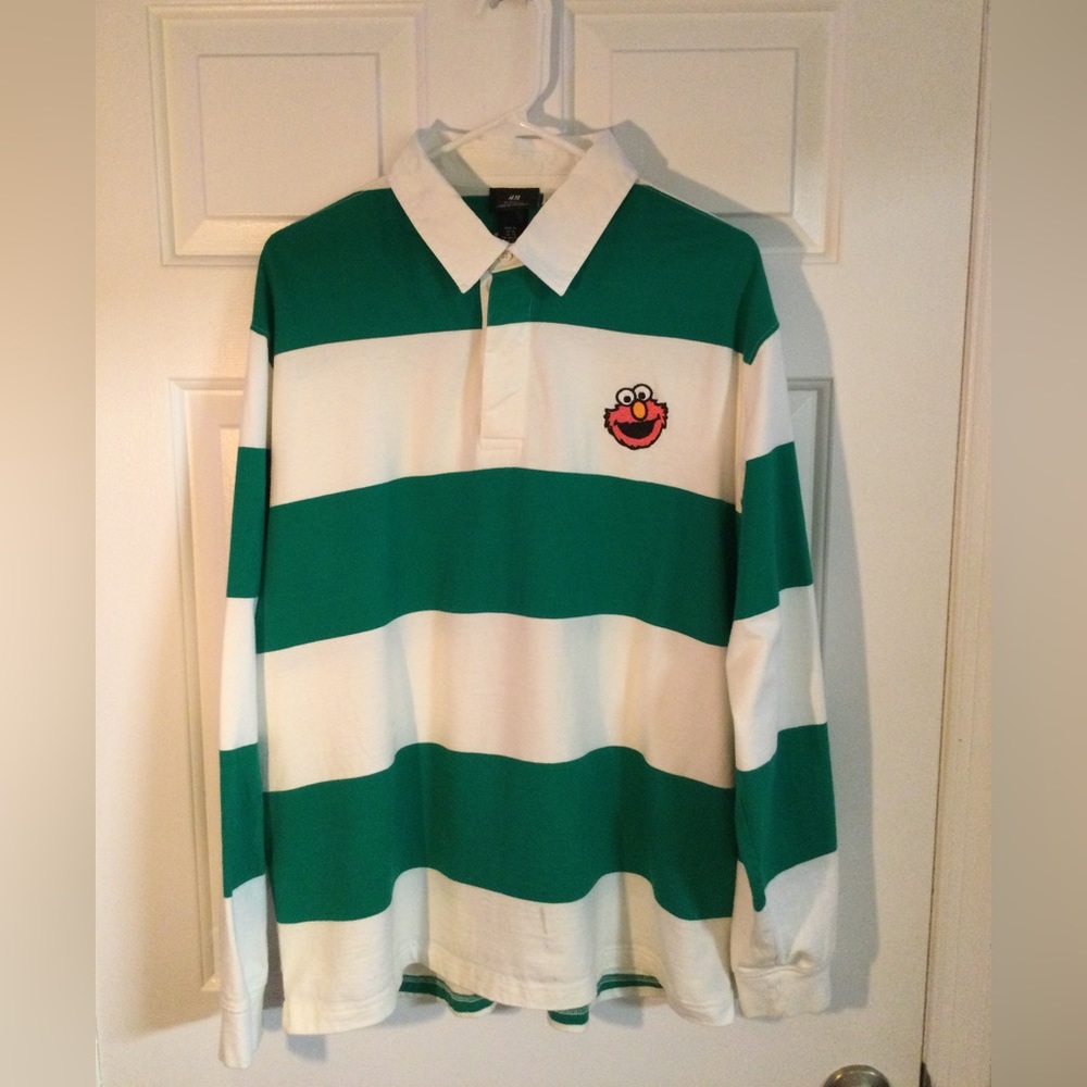 Elmo Sesame Street Mens xl green and white Embroidery-detail Rugby Shirt